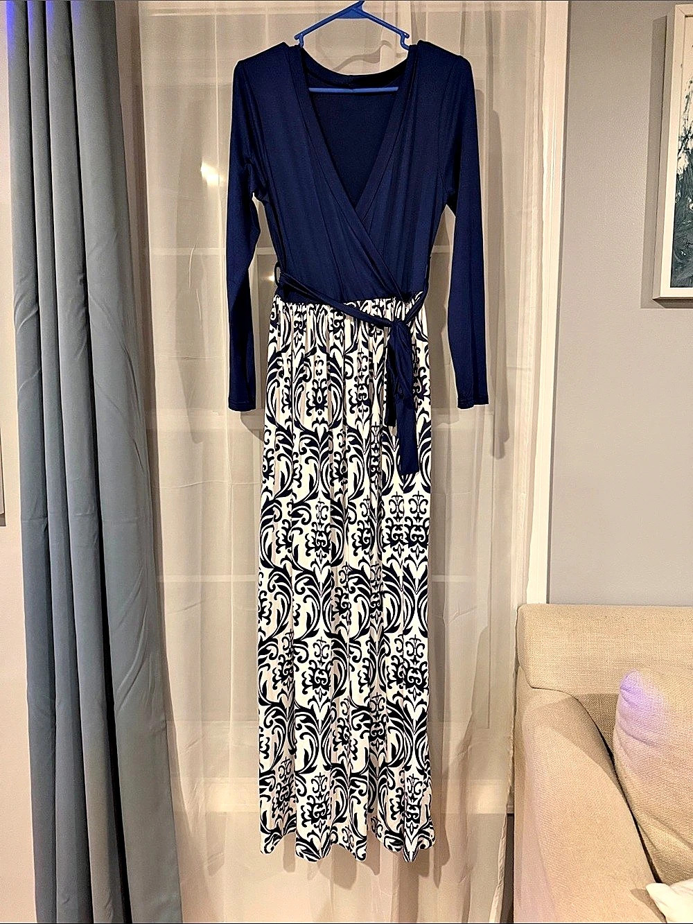 Women's Wrap Maxi Dress in Blue & White Like New